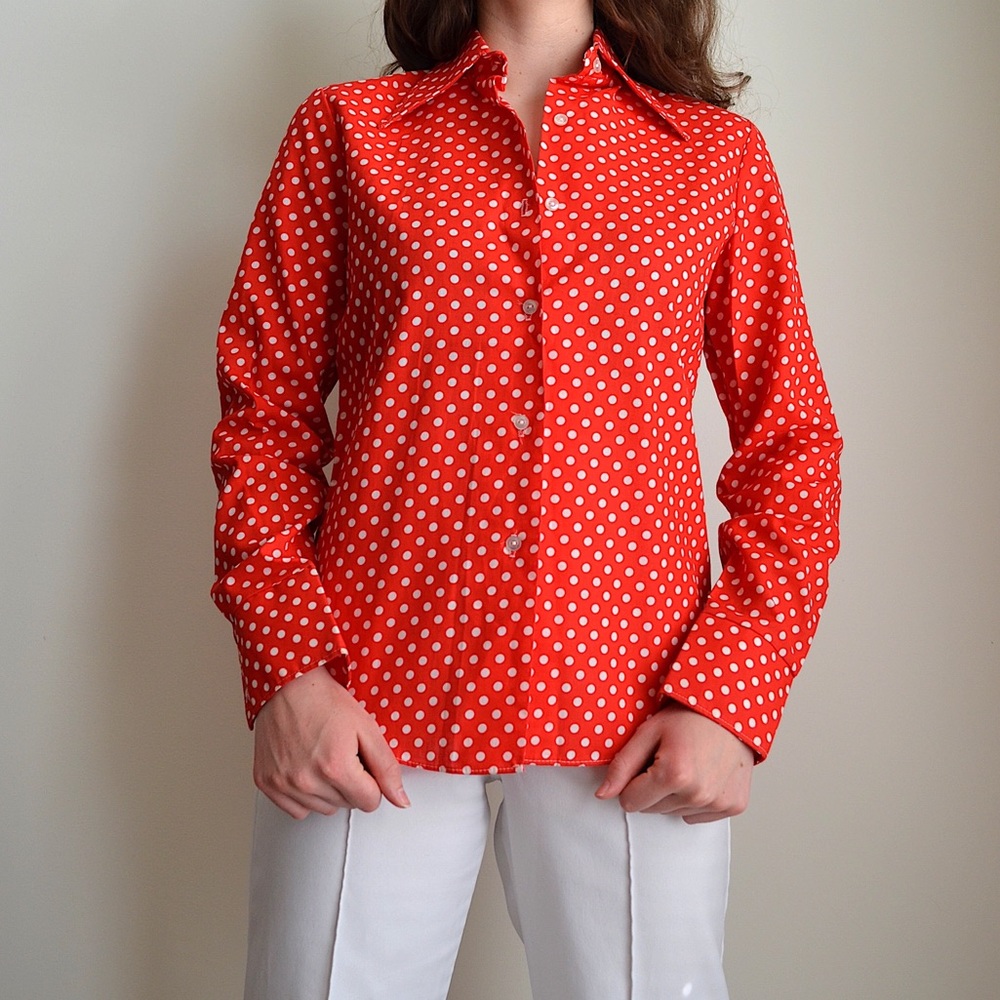 vintage 1970s polka dot button down shirt with disco collar from shirt accent - Picture 2 of 11